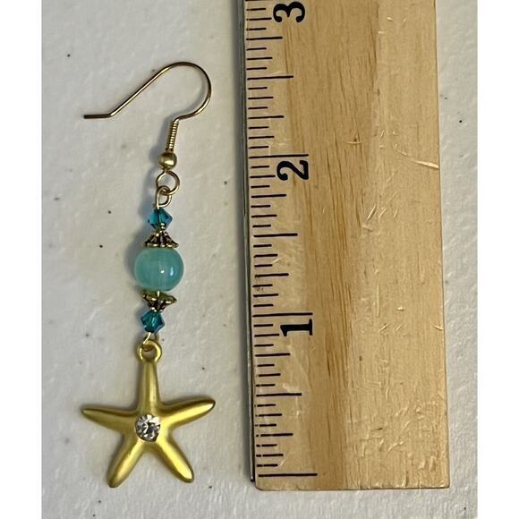 Glass & Crystal Turquoise Beads Starfish Drop Dangle Earrings Gold Tone NEW - Picture 5 of 7
